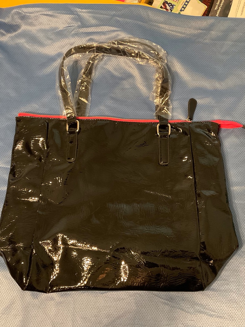 Barbie Black Patent Tote Bag with Pink Zipper